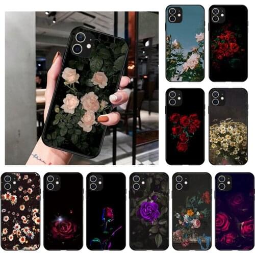 Retro Flowers Rose Leaves Black Matte Phone Case For iphone 12 11 Pro XS Max 7 8 6s Plus X XR SE2 Silicone TPU Soft Back Cover
