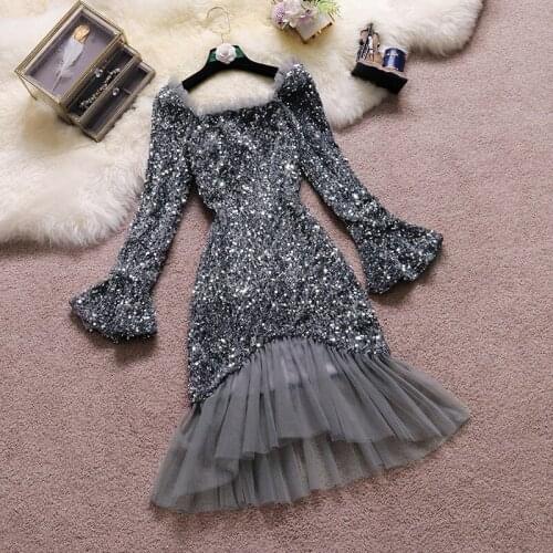Vantage Black Gray Sequins Neck Lotus Leaf Long Sleeves Stitching Mesh Split Fork Zipper Slim Party Dresses Woman 7270
