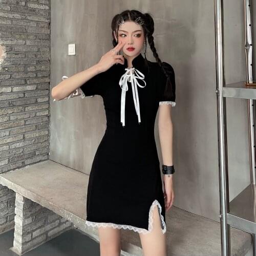 Strand Neck Elegant Short Sleeve Cheongsam Lace Dresses Chinese Style Empire Black Gtohic Lady Dress Crop Lace-up Ribbon Clothes
