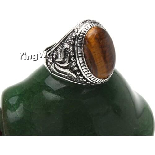 Yingwu Oval Natural Tiger Eye Rings Flower Band Stone Ring For Women Men Antique Silver Plated Fashion Jewelry