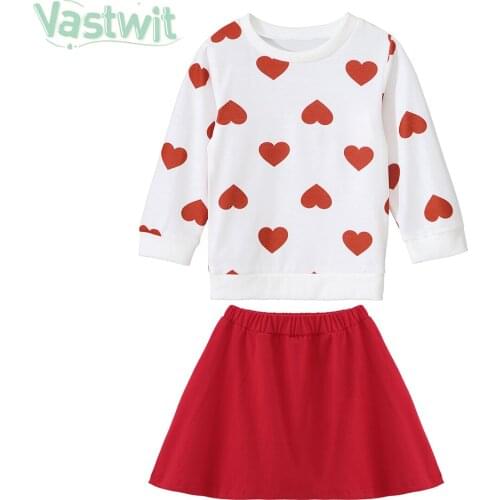 Spring Kids Girls Valentine 's Day Clothes Outfits Long Sleeve Love Heart Printed Shirt Tops Skirt 2Pcs Clothing Suit for Kids