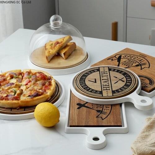 Nordic Creative Simple Ceramic Tray Wood Pizza Tray Rectangular Round Steak Plate Cake Dessert Flat Plate Kitchen Supplies