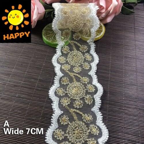 Luxury Golden White Tulle Floral Embroidered Lace Trim Ribbon Webbing Headwear Dress Strap Lace Fabric DIY Sewing Accessories