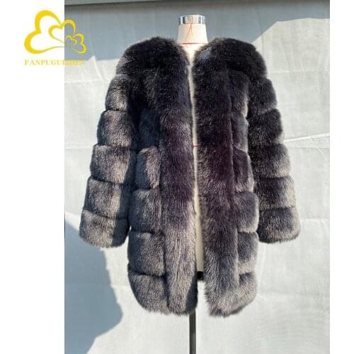 FANPUGUIZHEN Winter Mid Long Fashion Faux Fox Fur Coats Women Warm Thick Jacket Luxury Female Gray Fur Womens Fake Fur Coat