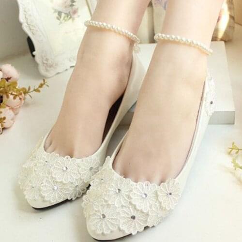 Ivory fashion lace flowers flat heel wedding shoes woman pearls ankle beading beaded anklet sweet flower girls bridesmaid shoes