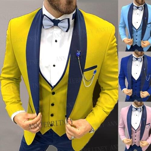 2021 Latest Designs Men Wedding Suits Yellow Formal Groom Tuxedo Slim Fit Jacket Party Dinner Prom Blazer Vest Pants 3 pieces