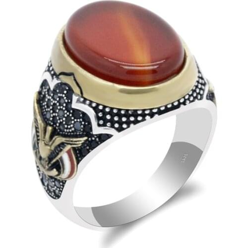 Red Natural Stone Man Ring 925 Silver Oval Stone High Quality Punk Style Jewelry Finger Ring Eagle Shape Fashion Size8-13