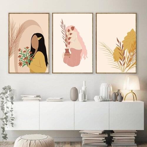 Boho Wall Art Print Abstract Woman Portrait Fashion illustration Poster Botanical Flower Art Canvas Painting Tropical Wall Decor