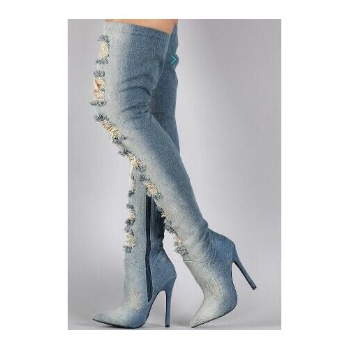 New designer thigh high cut-outs jean high heel gladiator boots women boots Spring Autumn pointed toe long denim boots size