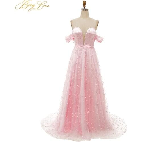 Charming Pearls Pink Evening Dress 2020 Long Off Shoulder Evening Gown Lace-Up Side Sleeves Elegant Formal Cheap Prom Dress