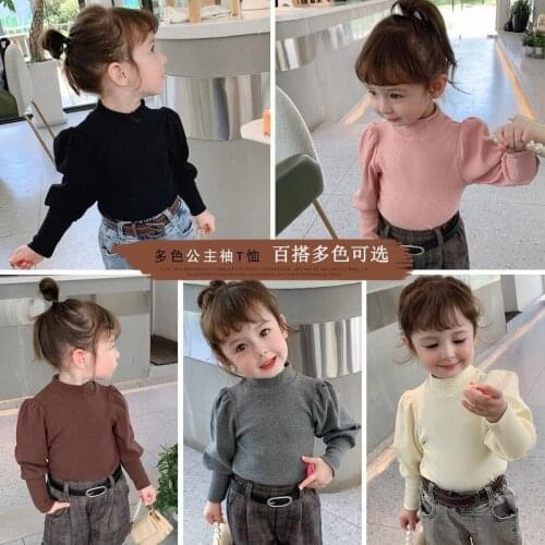 2021 girls' autumn coat Bubble sleeves casual childrens bottom shirt baby spring and autumn thin sweater