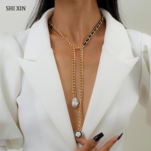 SHIXIN Black Flannel Cross Thick Link Chain Choker Necklace for Women Punk Long Chain Tassel with Pearl Pendant Necklace Fashion