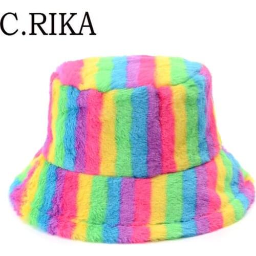 New Outdoor Faux Fur Multicolor Rainbow Striped Bucket Hats Women Soft Warm Velvet Fisherman Hat Bob Lady Girl Vacation Panama