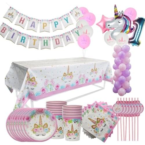 Fairy unicorn deco Girl birthday party 1 2 3 age Party tableware one year old Baby shower decoration Unicornio birthday supplies