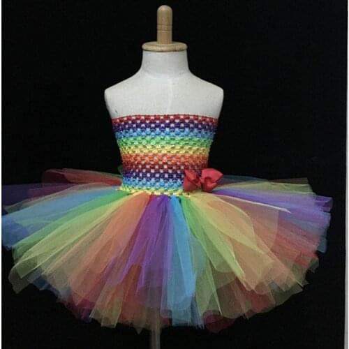 Rainbow Color Girls Crochet Tutu Dress Kids Handmade 2Layers Fluffy Tulle Tutus with Grosgrain Bow Kids Corset Party Dress Cloth