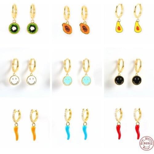 CANNER Real 925 Sterling Silver Enamel Huggies Hoop Earrings For Women Dripping Oil Smile Face Hot Pepper Aros Papaya Jewelry