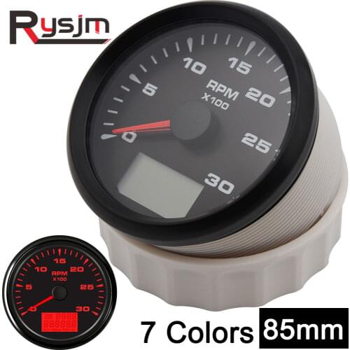 85mm 0 - 3000RPM Marine Tachometer Gauges LCd Revolution Meters with Trip Hour Meters RPM Speed Ratio 7 colors Backlight