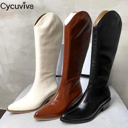 Genuine Leather Knee High Boots For Women Square Kitten Heels Long Boots Point Toe Winter Shoes Woman Cowboy Knight Boots Femme