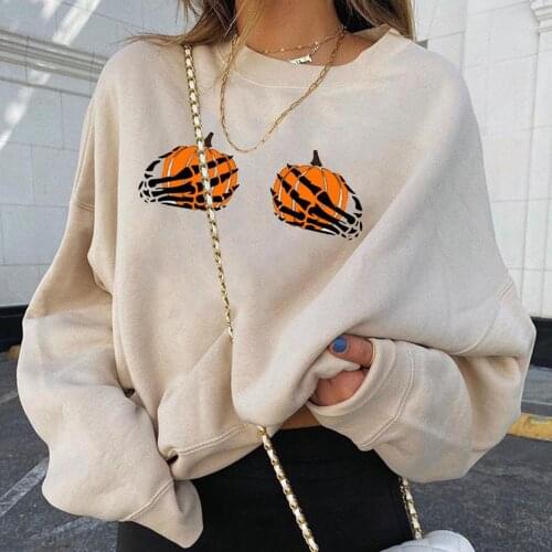 Women Long Sleeve Funny Skull Pumpkin Printing Pullover Sweatshirt Top Halloween Solid Color Lovely Girls All-match Sweatshirt