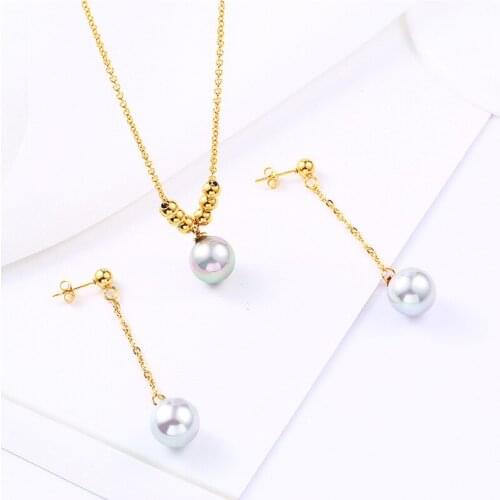 Stainless Steel Simulated Pearl Jewelry Sets Gold Color Bead Simple Necklace Long Chain Drop Earrings Woman Party Gift