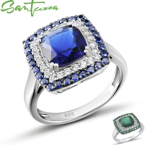 SANTUZZA 925 Sterling Silver Ring For Women Fashion Square Sparkling Blue Cubic Zirconia Green Agate Spinel Party Fine Jewelry