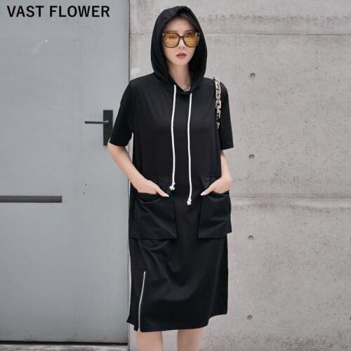 Zipper Pocket Black Vintage Hooded Dress Women New Short Sleeve Loose Casual Summer Dress Elegant Vestidos Fashion Clothes 2021