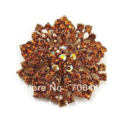 BRONZE Plated Gold Rhinestone Crystal Diamante Flower Bouquet Pin Brooch