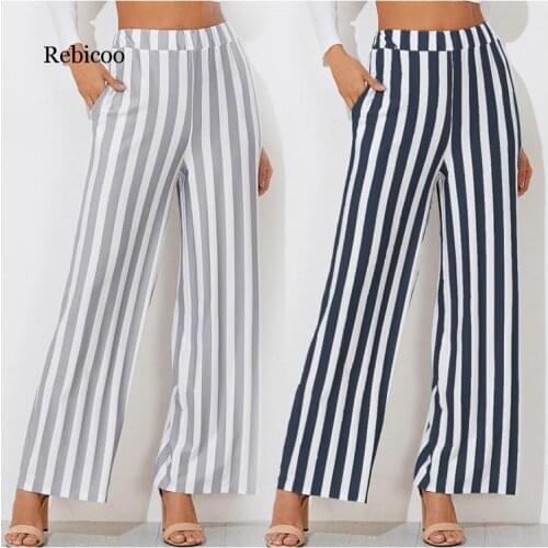 Womens Female Ladies Sexy Casual Mid Waist Formal Stripes Printed Loose Straight-Leg Trousers Pants