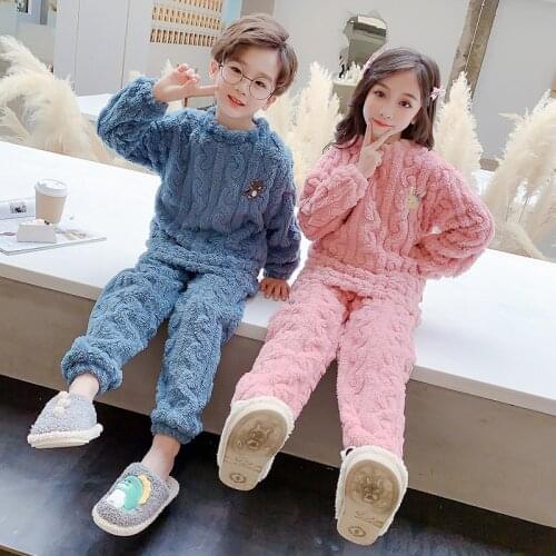 Winter Children Girls Flannel Pajama Set Warm O-neck Cartoon Sleepwear for Toddler Boys Fashion Pink/purple Long Sleeve Homewear