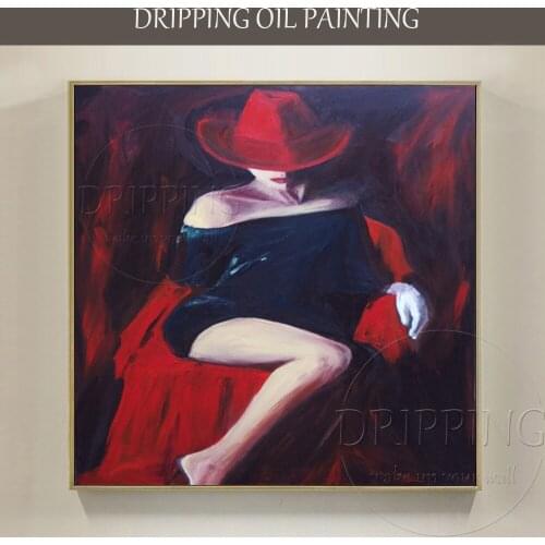 Artist Hand-painted Modern Design Beauty Portrait Oil Painting on Canvas Sexy Lady with Red Hat and White Glove Oil Painting