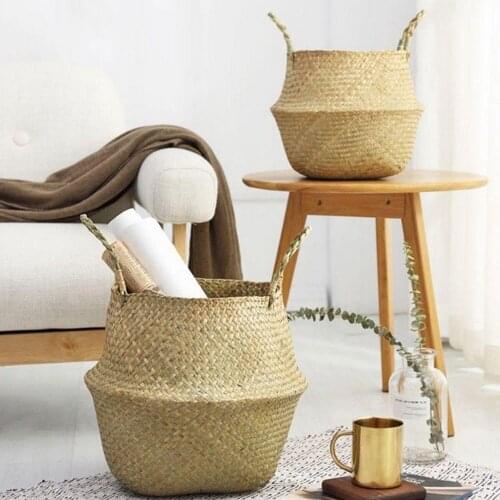 Behogar Nordic Rattan Seagrass Belly Basket Handmade Toys Storage Basket Laundry Plant Pots Home Indoor Decoration 32 x 28cm