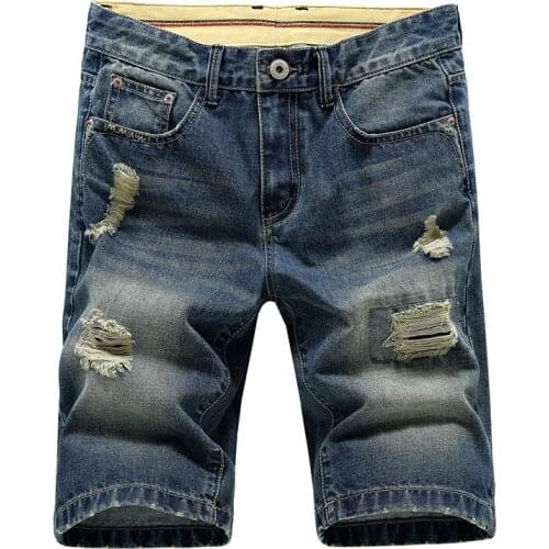 Summer Thin Denim Shorts Mens Five-point Pants Tide Brand Trend Loose Straight Hole Pants Pants Breeches Frayed