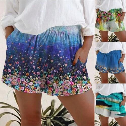 Summer Women Shorts 2021 Fashion Floral Print Mid Elastic Waist Short Pants with Pockets Ladies Casual Shorts S-5XL