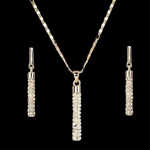 Rhinestones Jewelry Set For Women Gold Necklace Pandent Pendant Cylindrical Rod Ladies Earrings Pendant Necklace Jewelry Set
