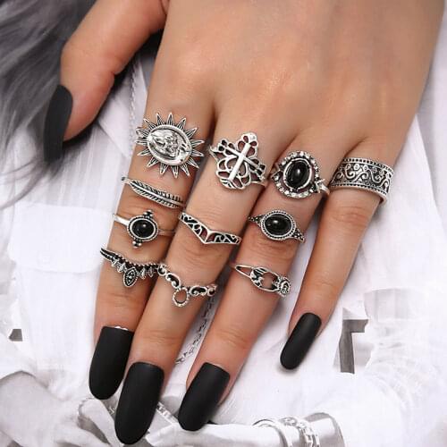 Boho Midi Finger Rings Set for Women Punk Flower Hollow Out Sliver Knuckle Rings Jewelry Gift