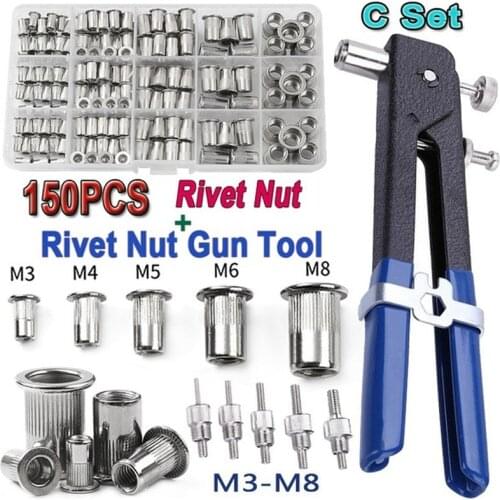 150PCS Rivet Nuts Kit M3/M4/M5/M6/M8 +1PCS Rivet Nut Gun+5PCS Nut Rivet Mandrels repairtool,rivetgun,flatheadscrew,Stainless