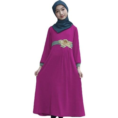 Girls Muslim Dress Long Traditional Islamic Robes with Belt Slim Waist Abaya Excluding Hijab Red Purple Grey Pink Black