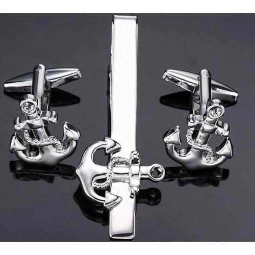 Simple Silvery anchor Bussiness Tie Clip Cufflinks For Mens Set Cufflinks High Quality Tie Pin Cuff Links Set Men Jewelry Gifts