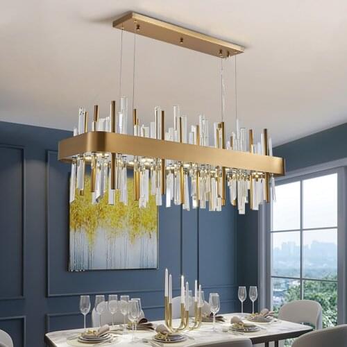 Rectangle Gold Chandelier For Dining Room Bedroom Led Crystal Kitchen Lustre Luxury Hanging Lamp Modern Light AC 90-265V