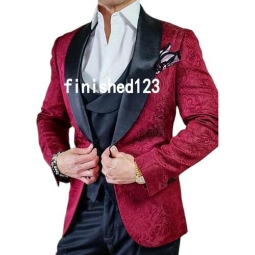 Burgundy Paisley Groom Tuxedos 3 Piece Shawl Collar Men Business Suit Cocktail Dress Party Clothes (Jacket+Pants+Vest+Tie) W:309