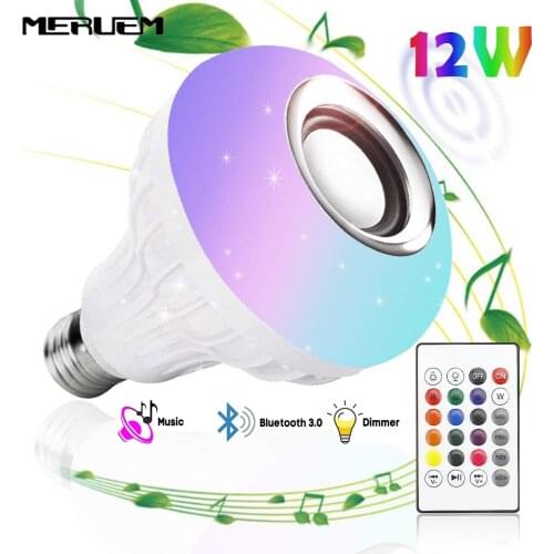 Smart E27 RGB Wireless Bluetooth Speaker LED Bulb Light 12W Music Playing Dimmable Wireless Led Lamp with 24 Keys Remote Control