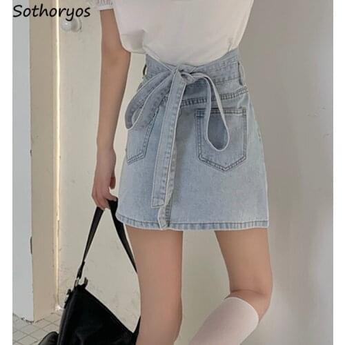 Sexy Denim Skirts Women High Waist Causal Lace-up Bow Sweet Harajuku Solid Light Blue Bandage A-line Mini Elegant Teen Girls Ins