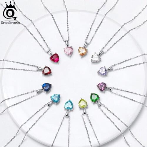 ORSA JEWELS 925 Silver Dainty Heart 12 Colors Month Birthstone Pendant Necklace For Women Colorful CZ Necklace Jewelry APN02