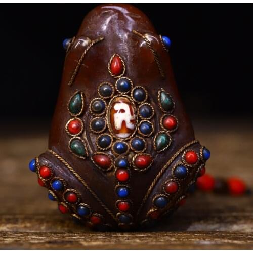 3"Tibet temple Old Natural agate Filigree mosaic Gem Dzi Bead Golden Toad Statue frog Pendant Amulet Town House Exorcism
