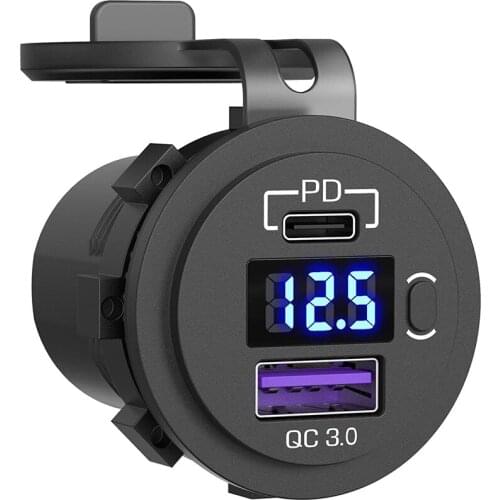 PD Type C 48W Dual USB Car Charger Socket, QC 3.0 Car Fast Charger with Voltmeter and Switch for Boat Truck RV