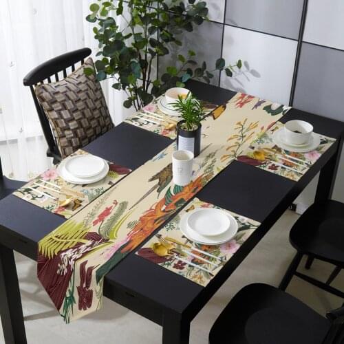 Flowers Birds Butterfly Retro Style Table Runner Set for Home Kitchen Dining Table Wedding Party Holiday Dinner Decoration