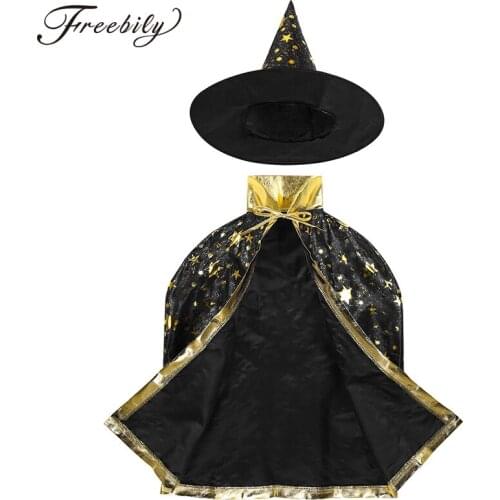 Kids Halloween Costume Witch Wizard Cloak Cape Pointed Hat Set Cosplay Party Stars Pattern Girls Boys Magician Outfit
