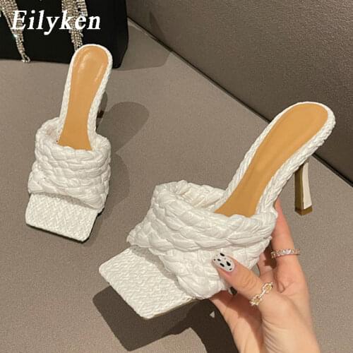 Eilyken 2021 New Summer Women Slipper Fashion Weave Slides Ladies Elegant Thin High Heel Outdoor Sandals Shoes Plus Size 41