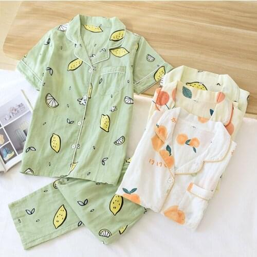 Short Sleeve Cotton Homewear Women Cute Fruit Printed Pajamas Two Pieces Set Gauze Breathable Female Summer Sleepwear Home Suit
