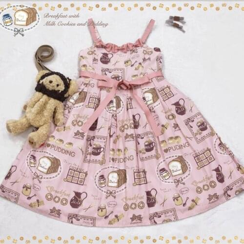 Kawaii Sweet Lolita Dress Women Girls JSK Breakfast Milk Cookies Pudding Kawaii Printing Tea Party Dresses Summer Slip Dress